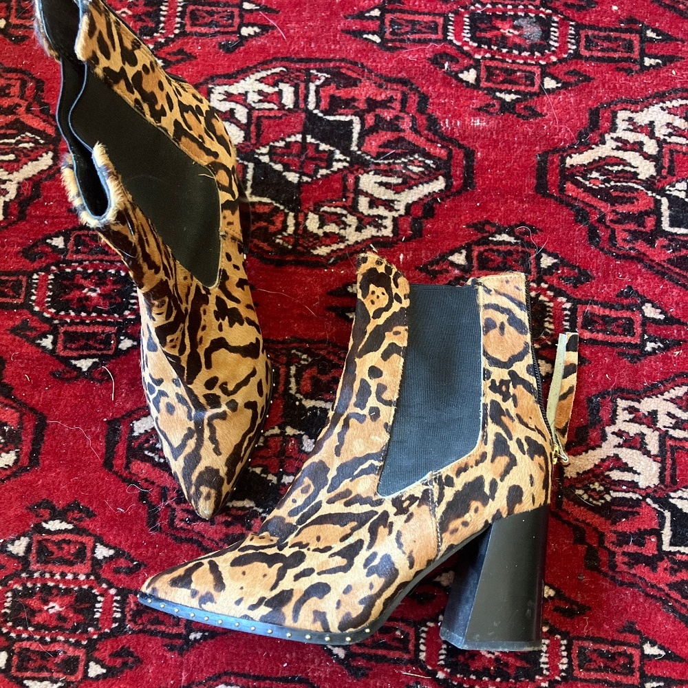 Topshop Ponyskin Leopard Print chunky ankle boots EU37/UK4/US6 pointy studs gold